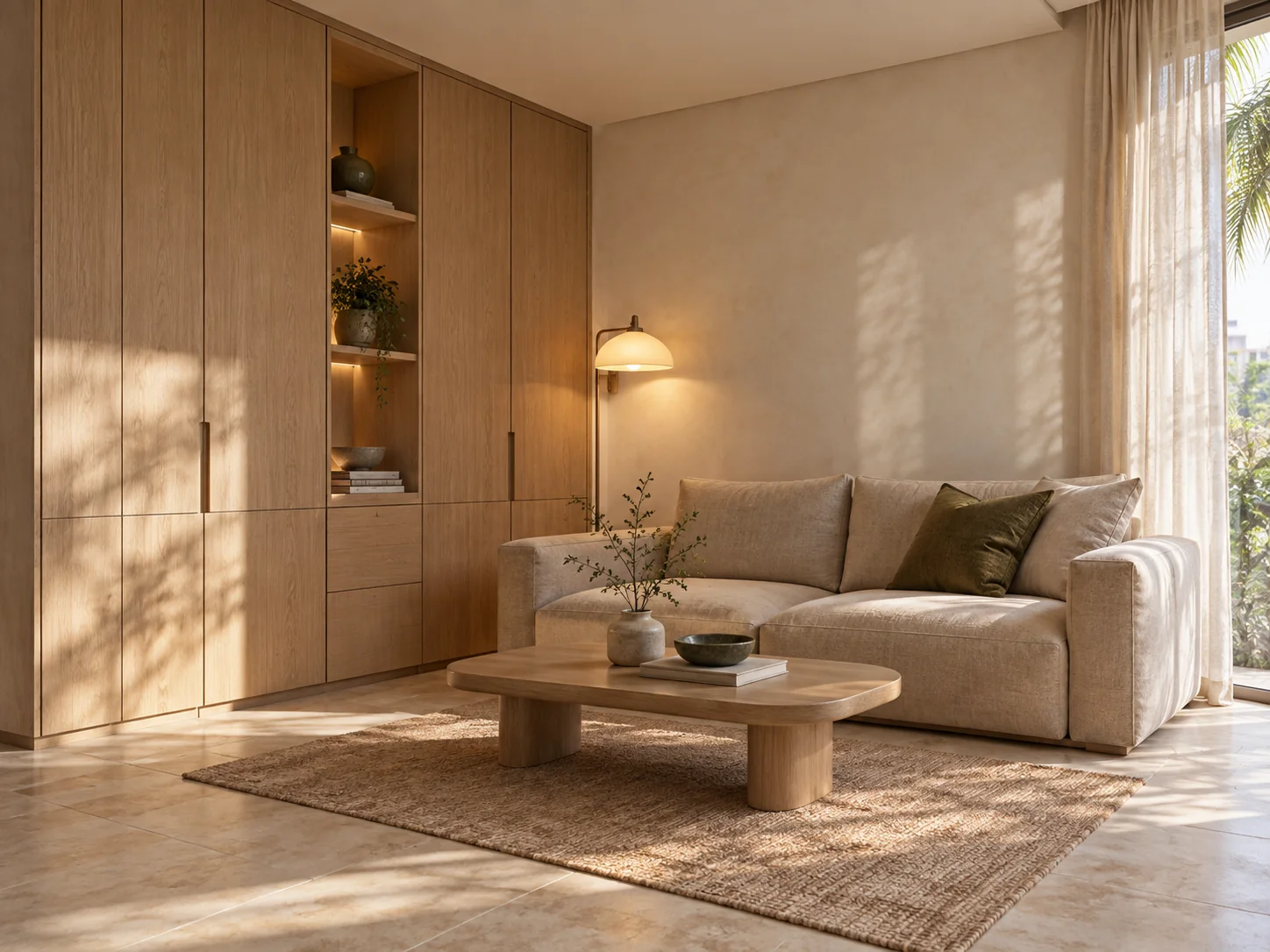 Illustrative condo living corner with oak concealed storage, a beige sofa and filtered daylight.
